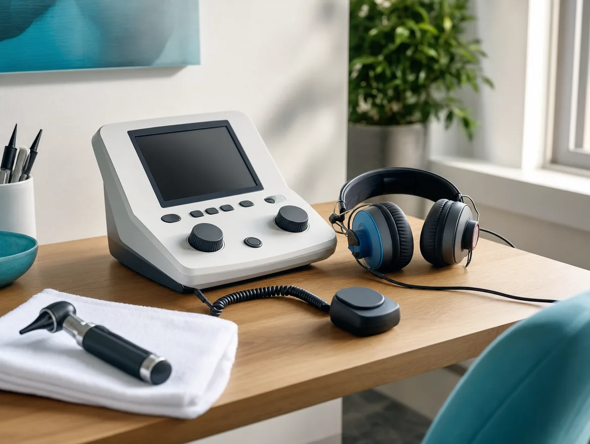A clinical audiometer on a wooden desk beside audiometric headphones, a patient response button and an otoscope.