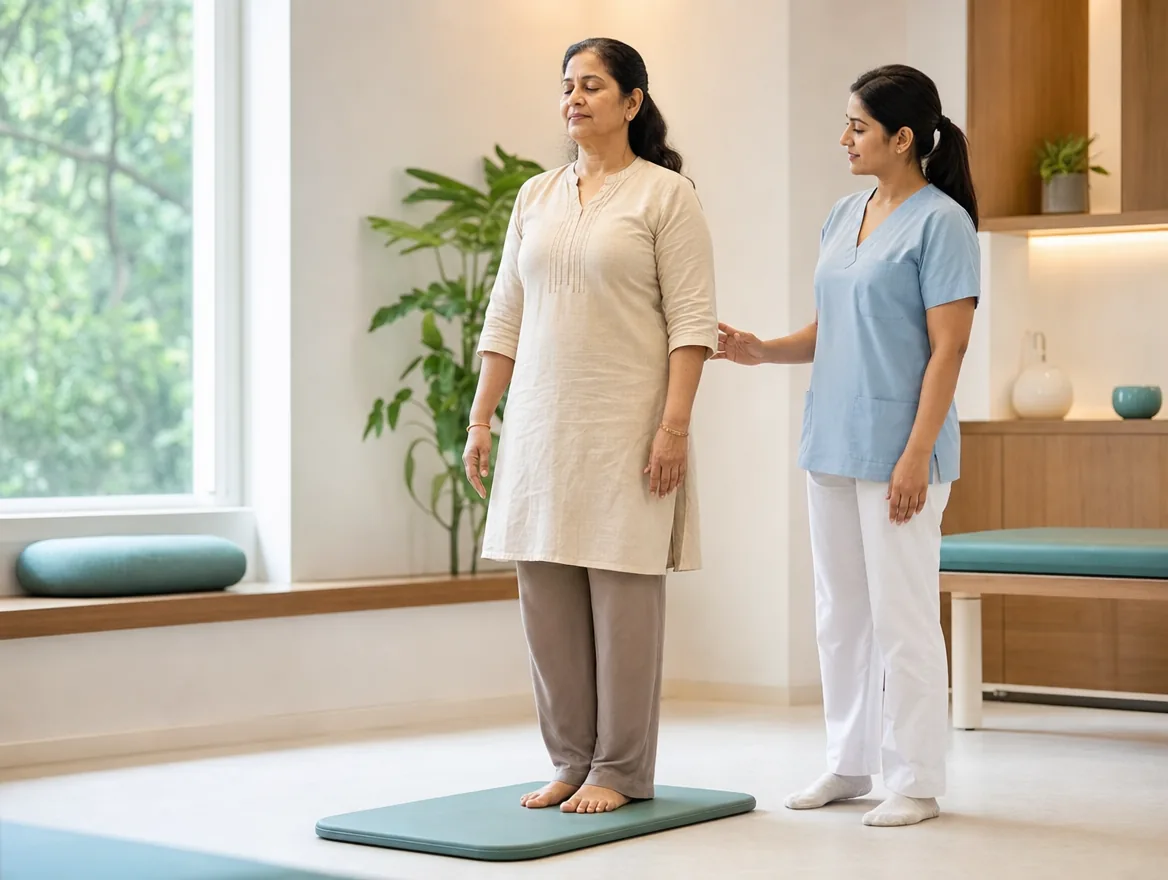 A woman stands steadily with her eyes closed during a balance assessment, a clinician beside her.