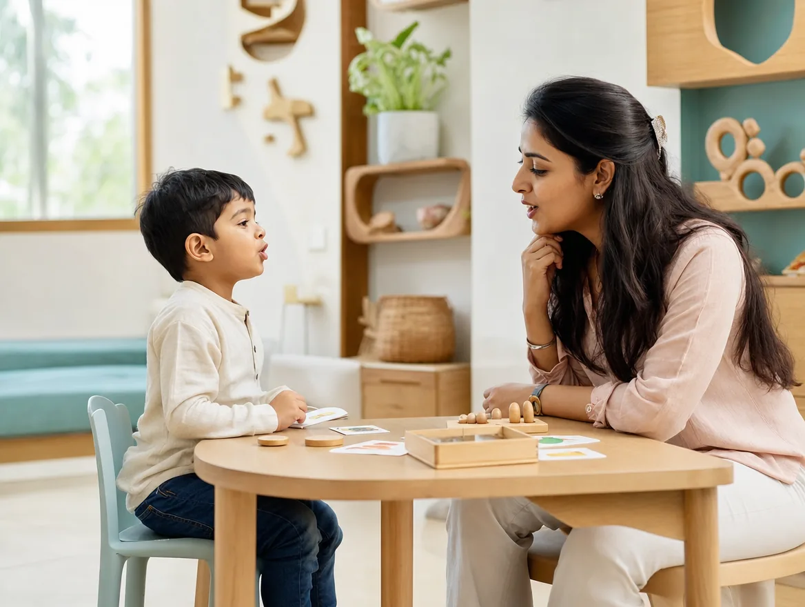 A young child sits at a low wooden table forming a sound while a speech therapist listens.