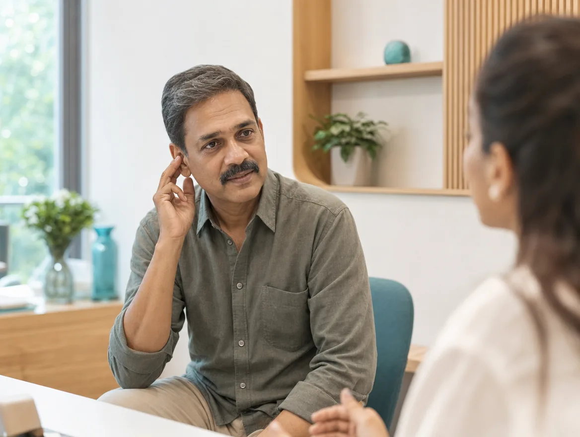 A man leans forward in a bright consultation room, listening closely to someone out of frame.