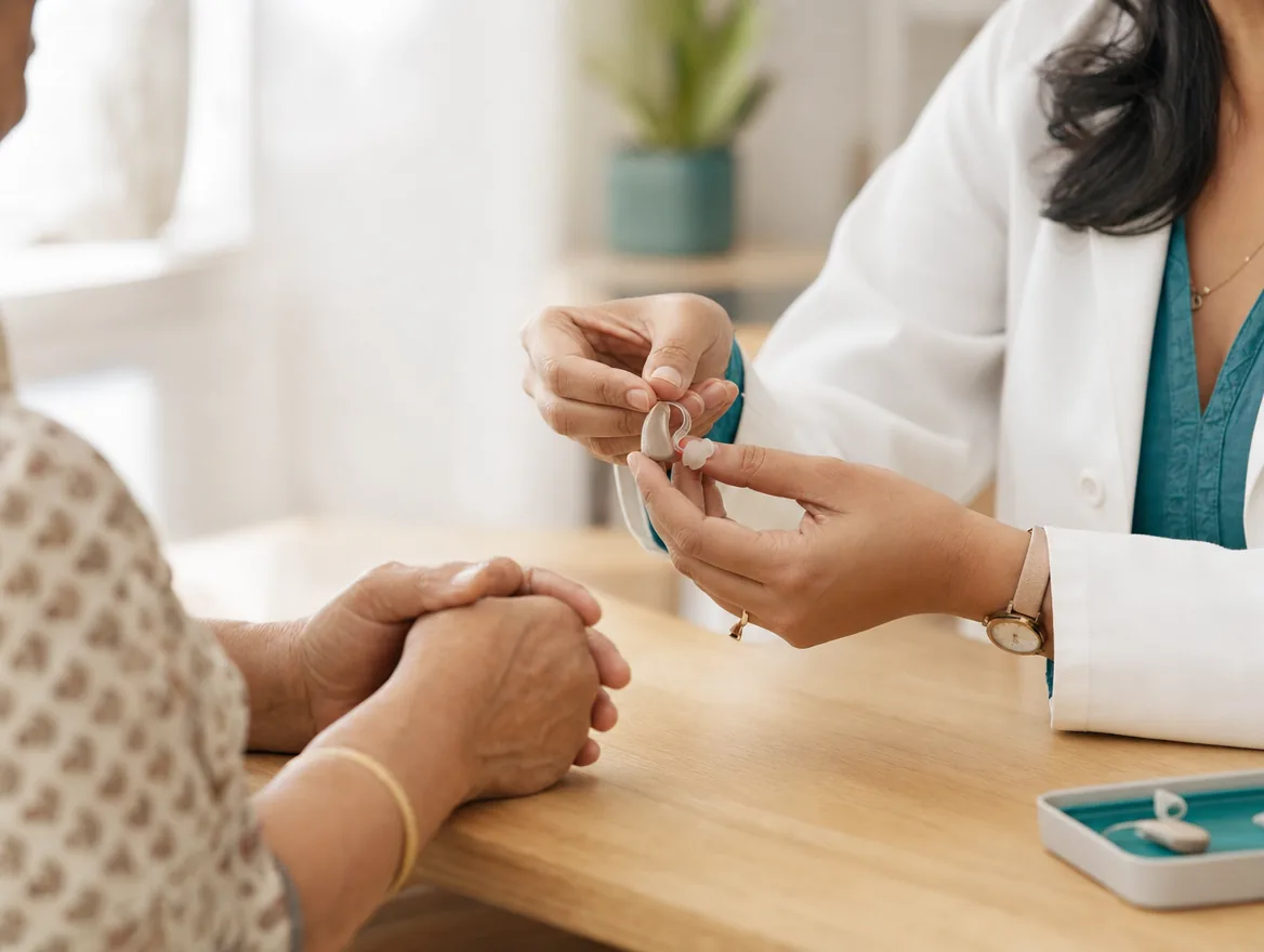 An audiologist holds a small hearing aid across a desk, showing it to a patient.