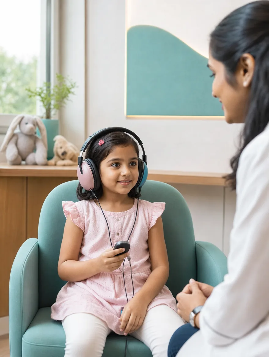 A young girl wearing headphones in a clinic chair, holding a response button and smiling at the audiologist beside her.