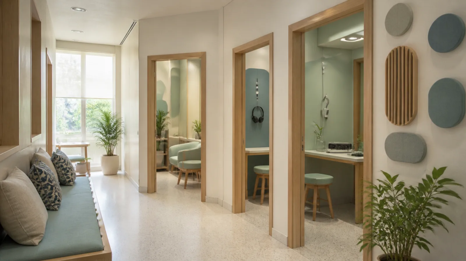 A daylit clinic corridor in pale oak, with a cushioned bench along one wall and three open doorways leading into separate treatment rooms.