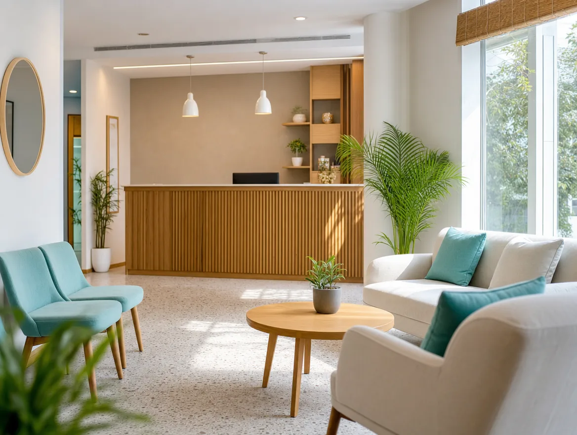 The reception area of Dandi Hearing and Speech Centre, with a slatted wooden desk, soft seating, plants and daylight from a tall window.