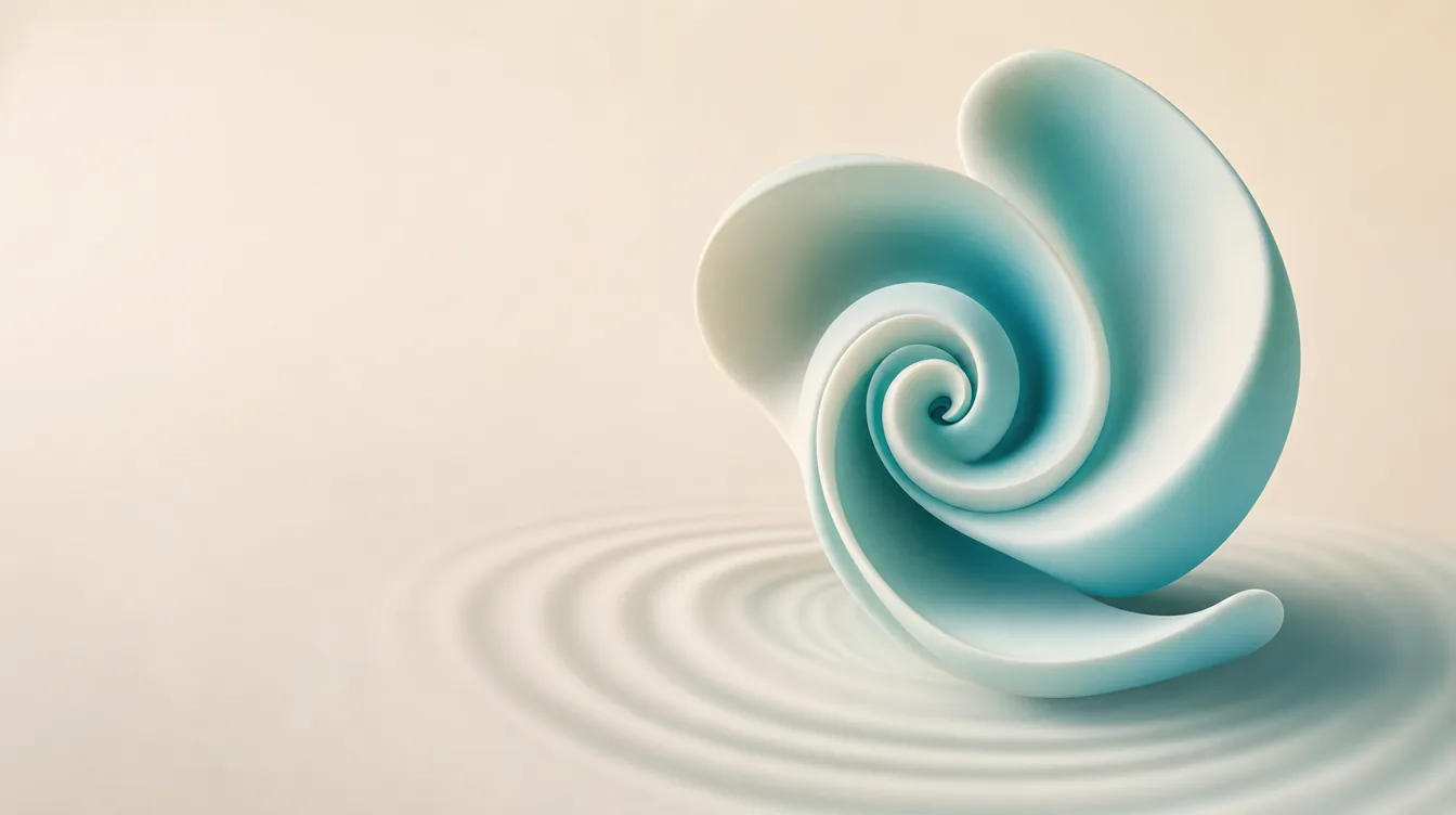 An abstract sculptural form in soft teal and white, curled into the spiral of a cochlea, with ripples spreading beneath it.