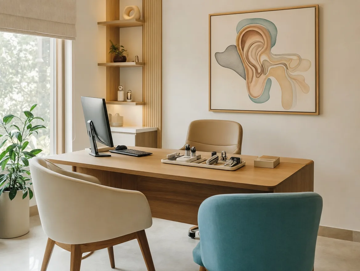 A consultation room with two facing chairs, a warm oak desk and daylight from the side.