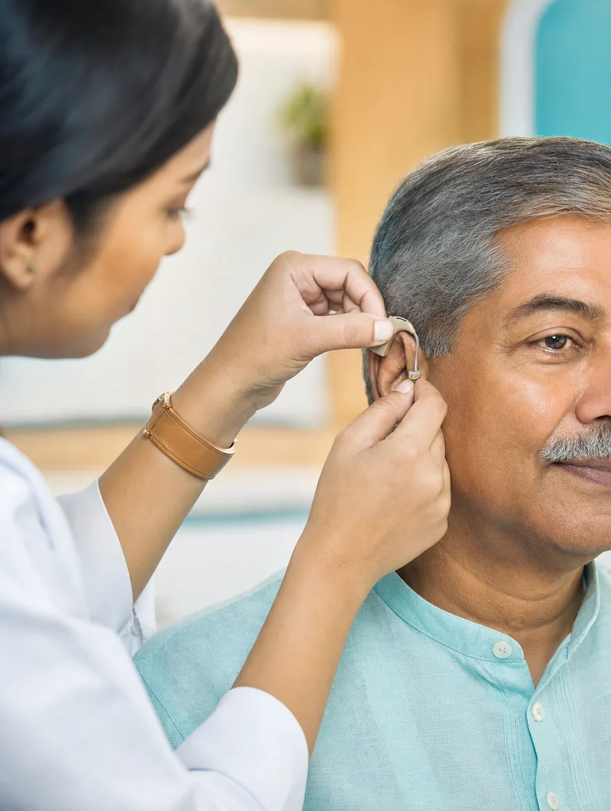 An audiologist fitting a behind the ear hearing aid to an older man during a fitting appointment.