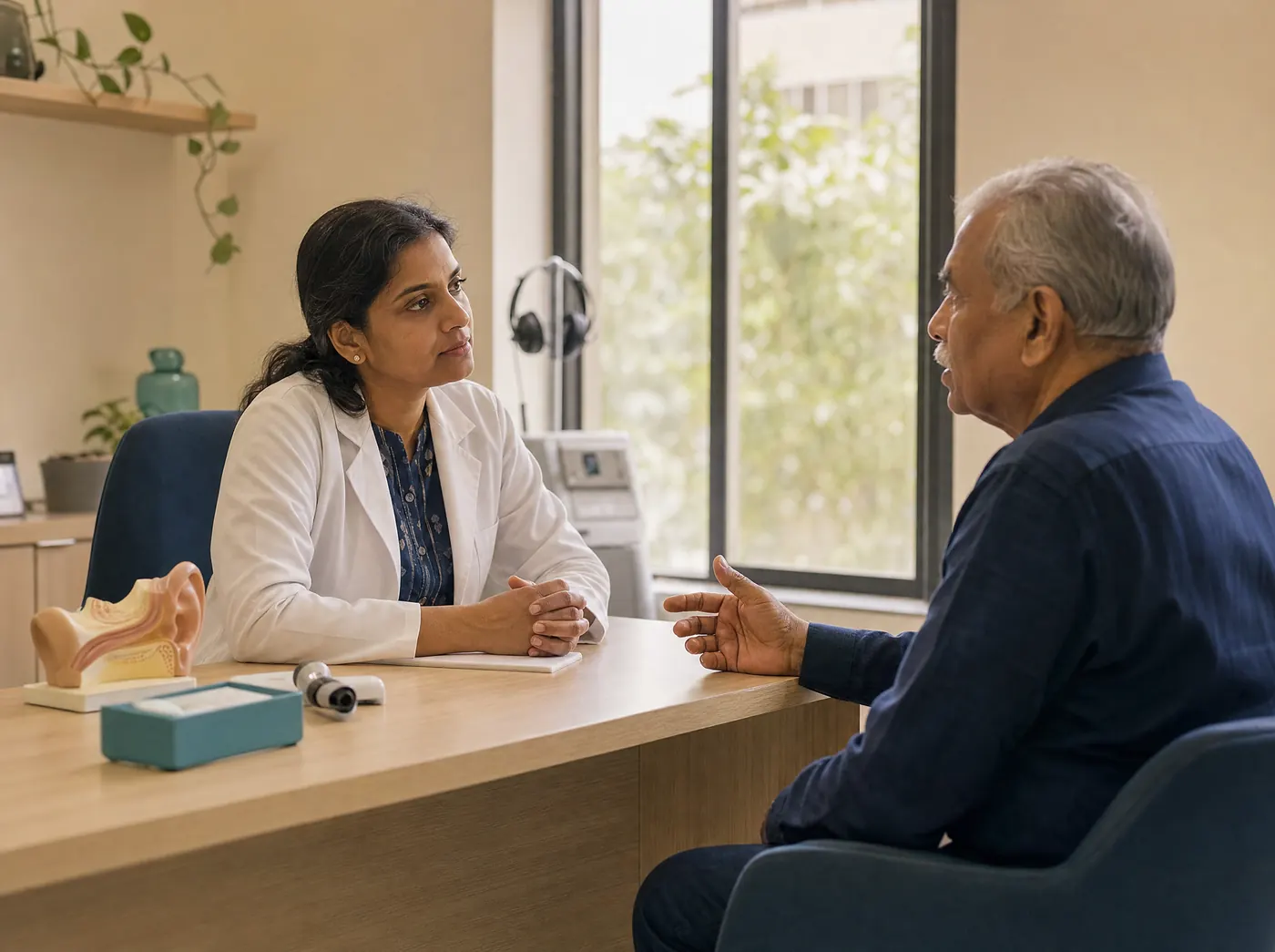 An audiologist sits across a wooden desk from an older man, hands still, listening while he talks.