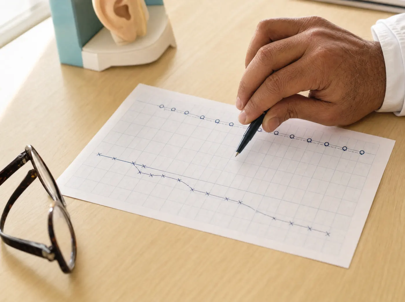 A printed audiogram on graph paper, a clinician's pen resting above the plotted curve, reading glasses folded beside it.