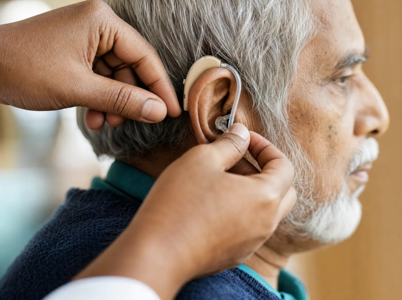A behind the ear hearing aid being placed gently over an older man's ear, the thin tube following the fold of the ear.