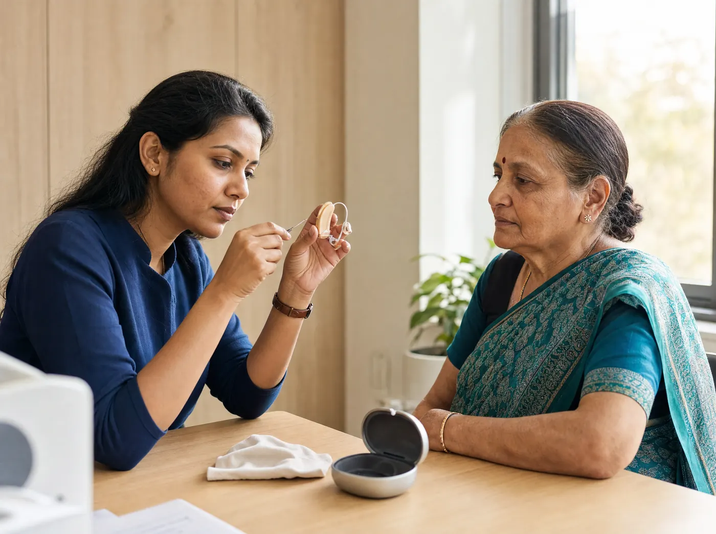An audiologist holds a hearing aid up to the daylight to adjust it while the returning patient watches from across the desk.