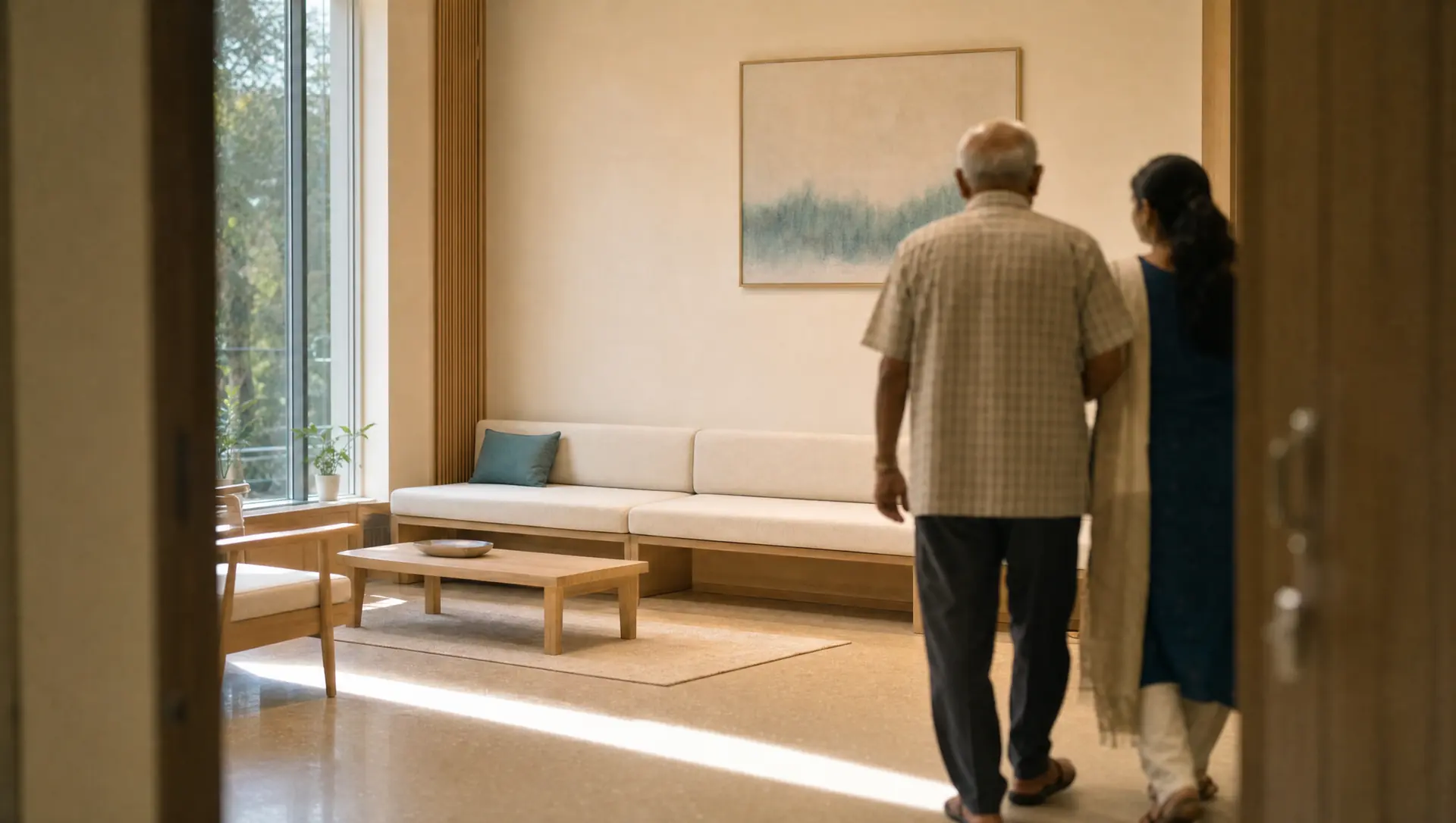 An elderly man and his adult daughter walk together into a quiet clinic waiting room lit by a tall window.