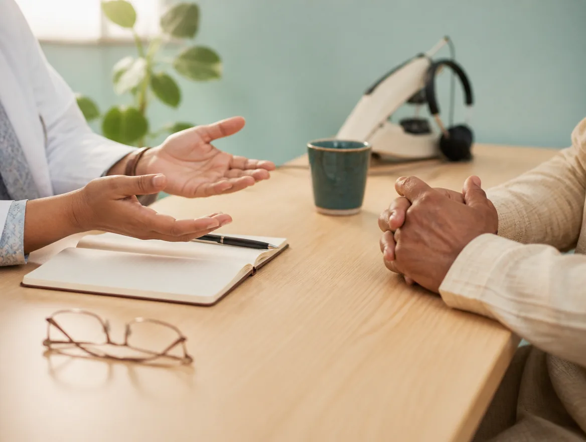 Across a pale oak consulting desk, an audiologist's open hands beside a notebook and pen, and a patient's folded hands opposite.