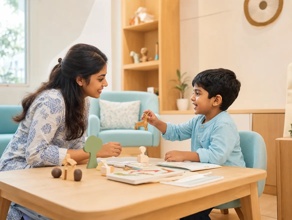 A speech therapist sits at a low table with a young child during a play based speech and language session.