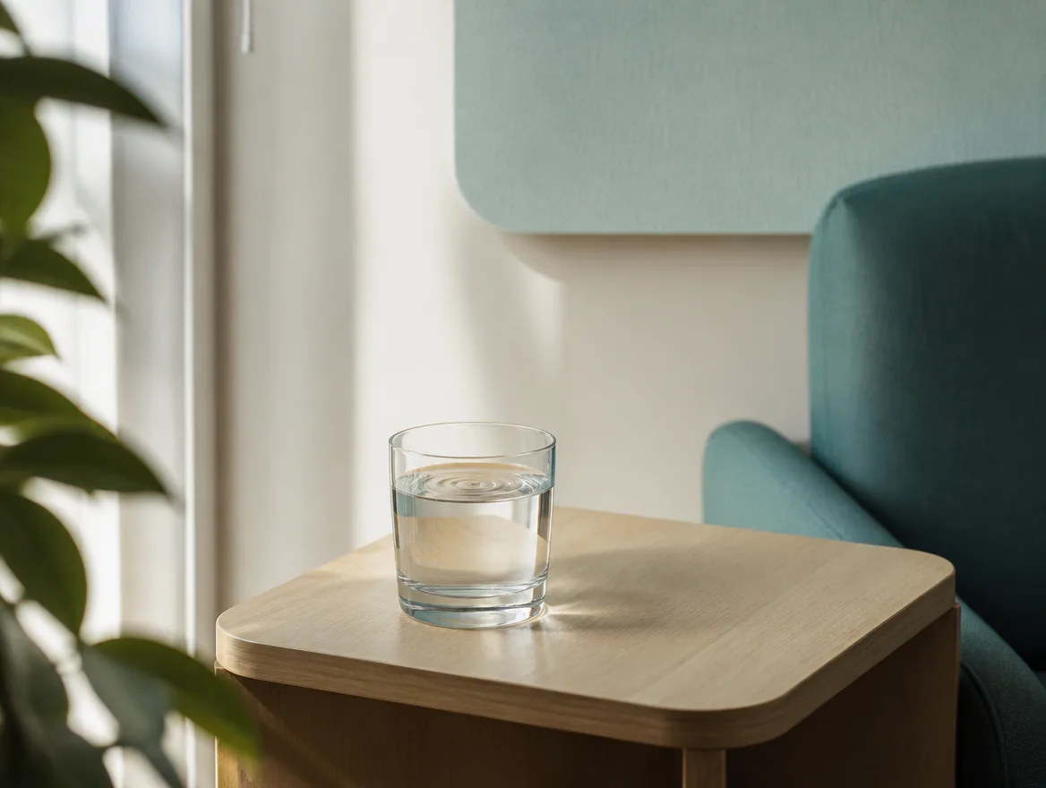 A glass of water on a warm oak side table in a quiet clinic corner, fine ripples crossing its surface in the daylight.